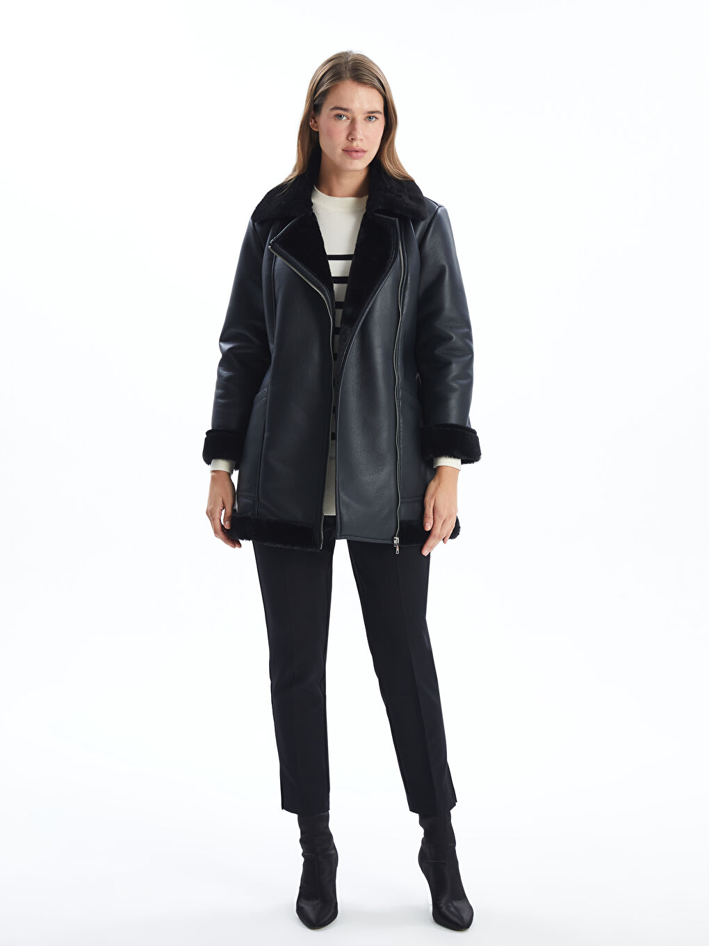 LCW Modest Women's Biker Neck Plain Faux Leather Jacket -W51605Z8-CVL