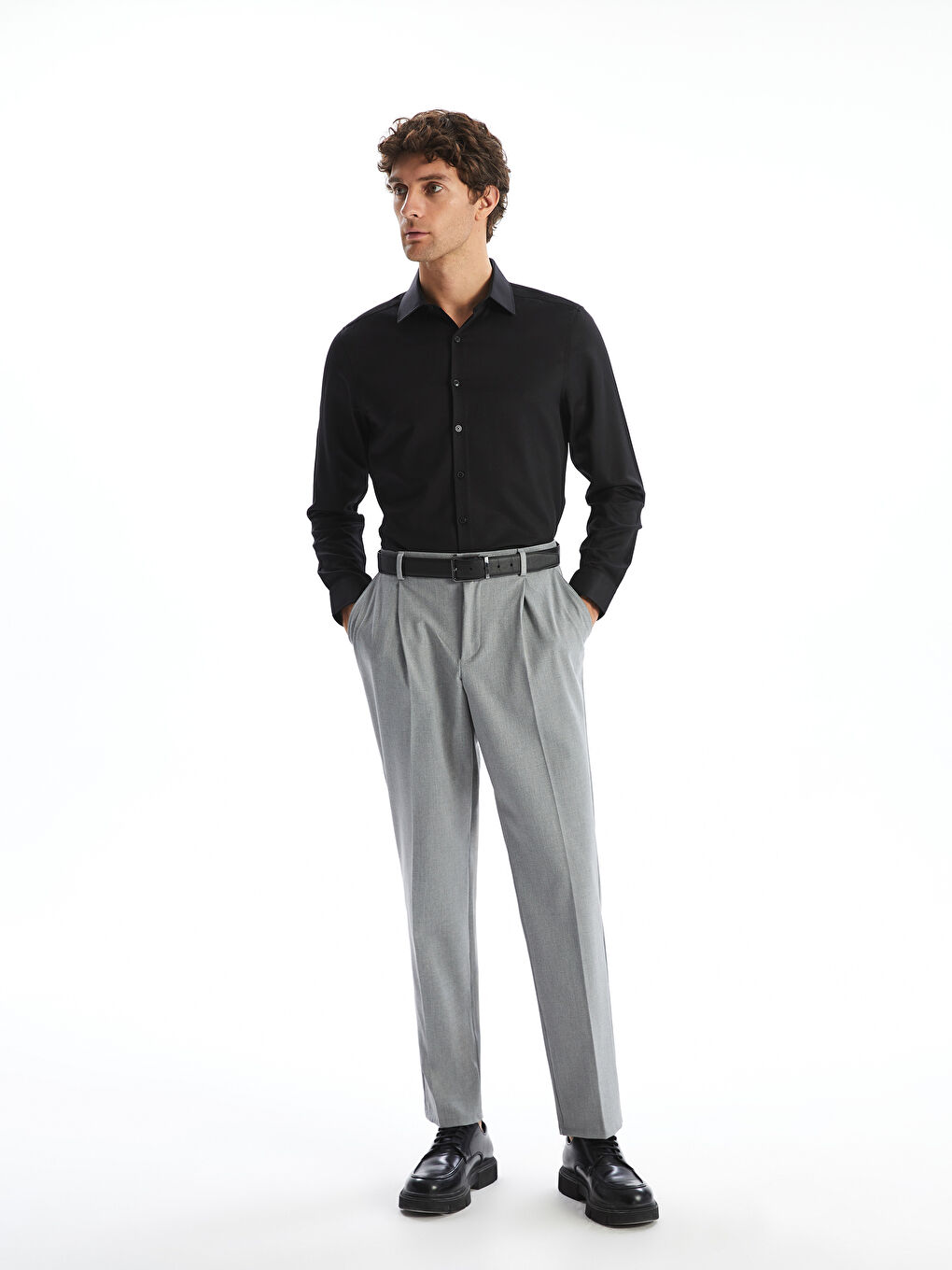 Siyah Slim Fit Uzun Kollu Armürlü Erkek Gömlek-1