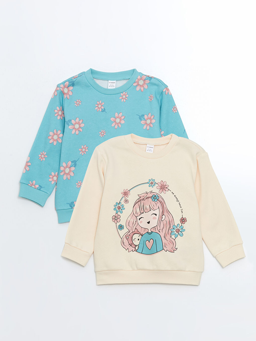 LCW Kids Bej Bisiklet Yaka Baskılı Kız Çocuk Sweatshirt 2'li