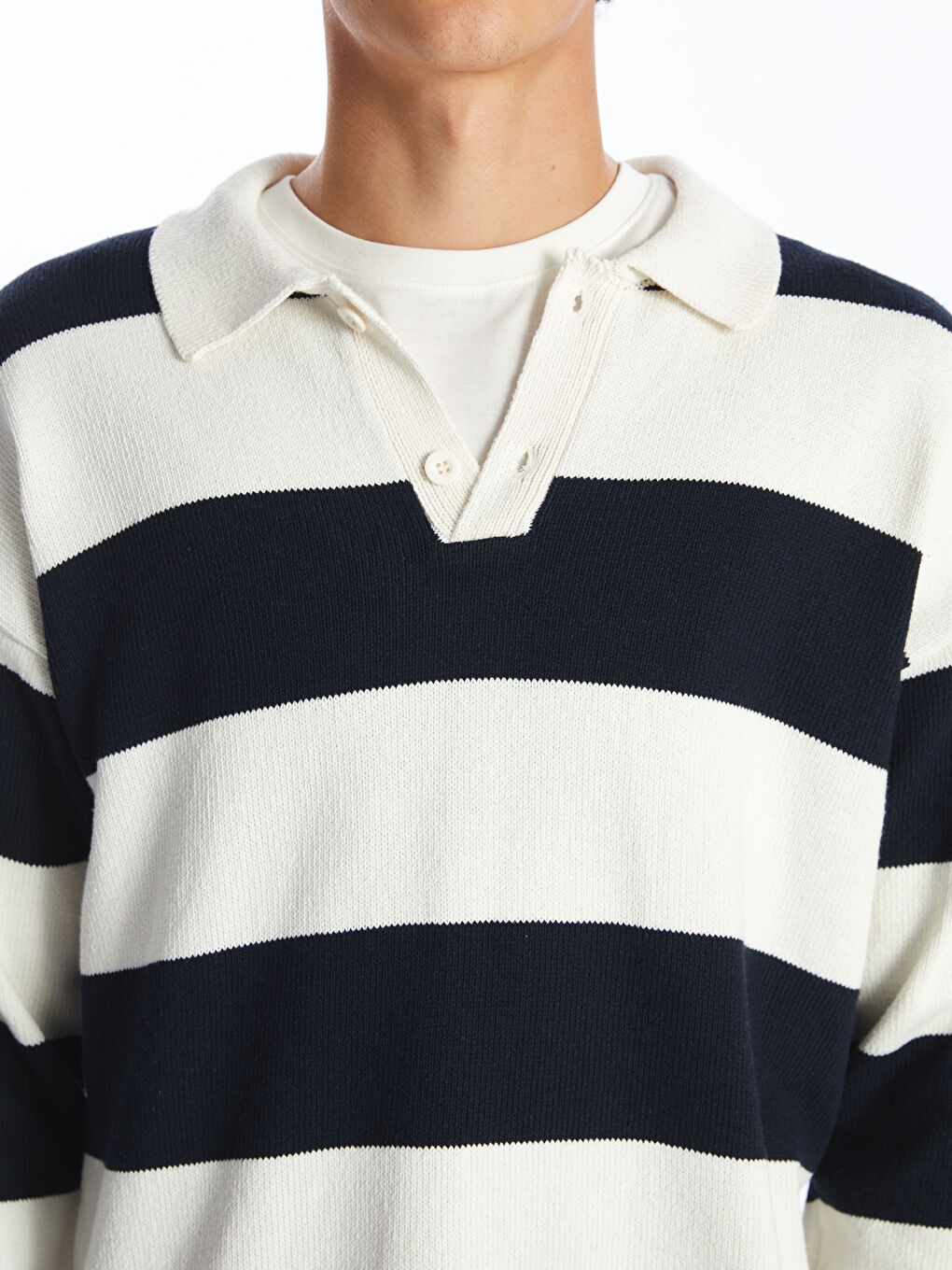 Lacivert Polo Yaka Uzun Kollu Çizgili Erkek Triko Kazak-5