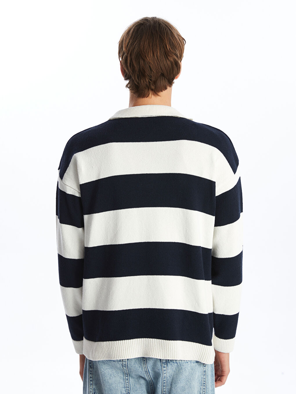 Lacivert Polo Yaka Uzun Kollu Çizgili Erkek Triko Kazak-7