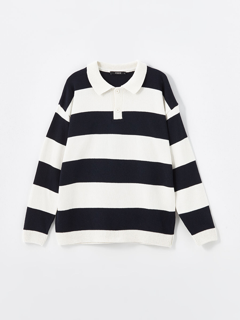 Lacivert Polo Yaka Uzun Kollu Çizgili Erkek Triko Kazak-8