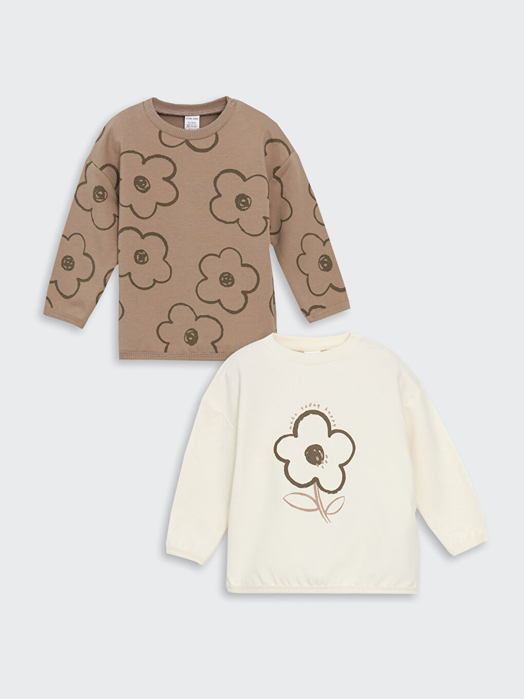 LCW baby Ekru Bisiklet Yaka Çiçekli Kız Bebek Sweatshirt 2'li