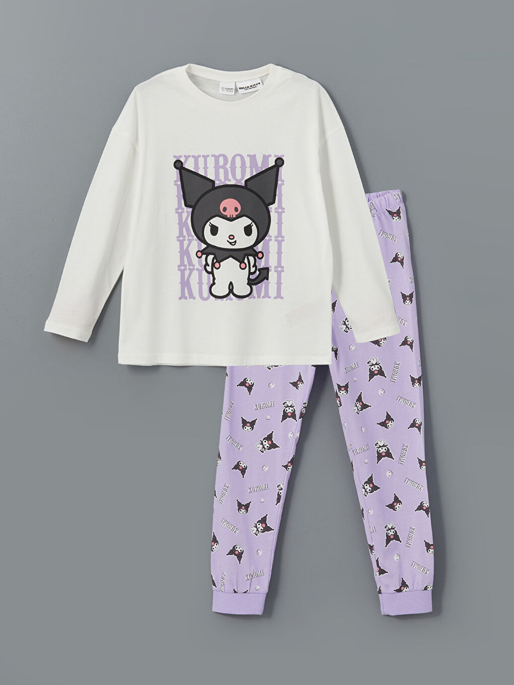 Ekru Bisiklet Yaka Kuromi Baskılı Kız Çocuk Pijama Takımı