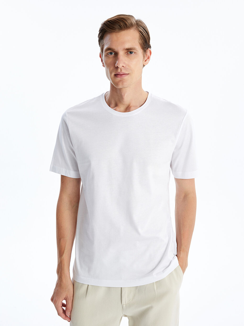 Beyaz Bisiklet Yaka Kısa Kollu Merserize Erkek Tişört