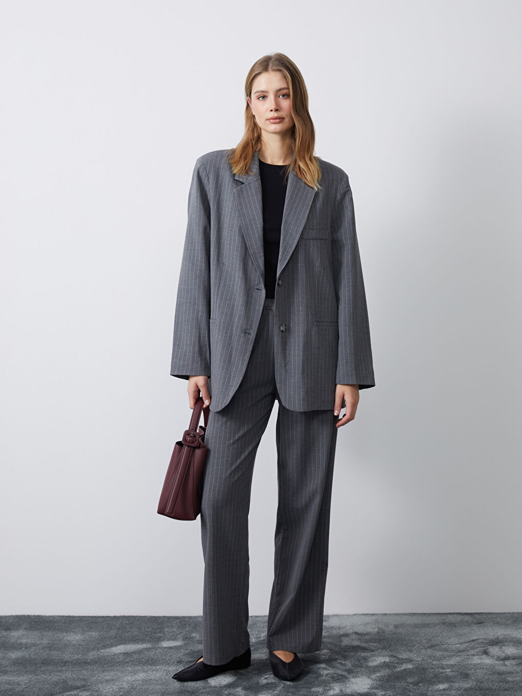 Beyaz Loose Fit Çizgili Kadın Pantolon