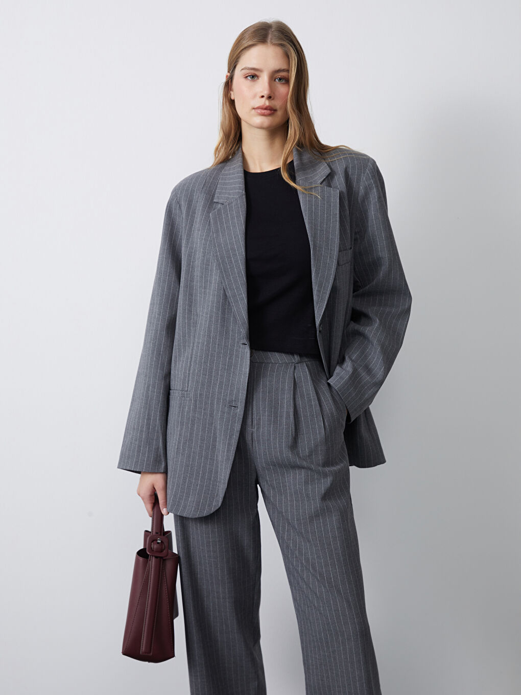 Beyaz Çizgili Kadın Blazer Ceket-3