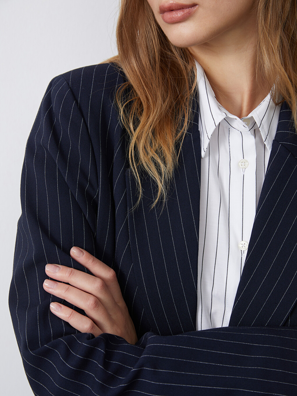 Beyaz Çizgili Kadın Blazer Ceket-2