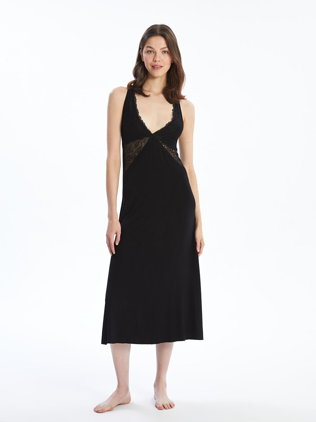 V-Neck Lace Detailed Strappy Women's Fancy Nightdress-3