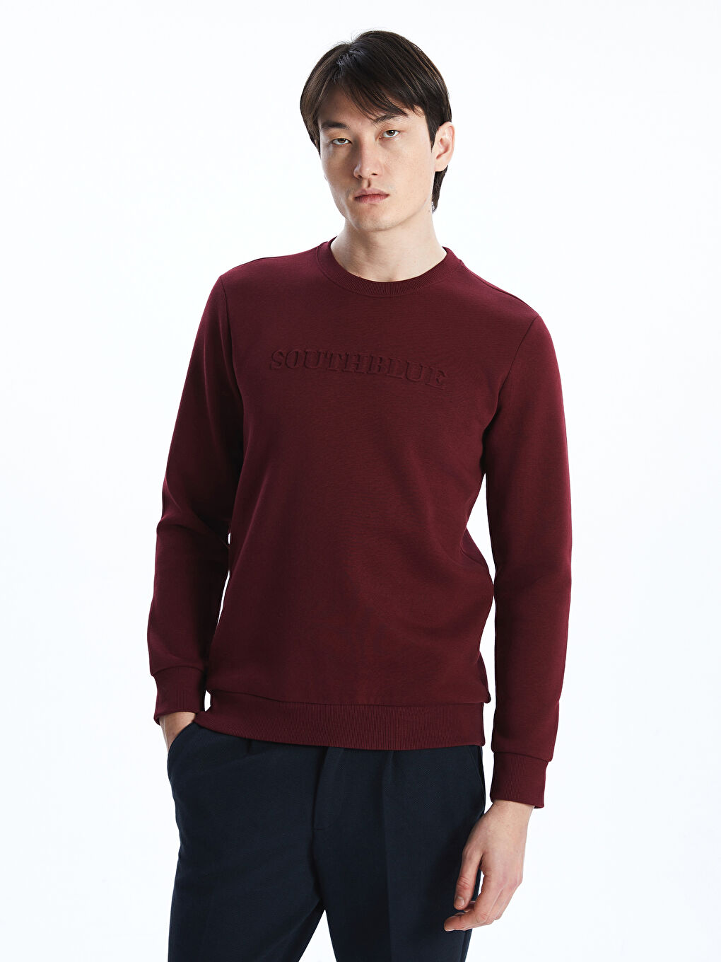 Bordo Bisiklet Yaka Uzun Kollu Baskılı Erkek Sweatshirt