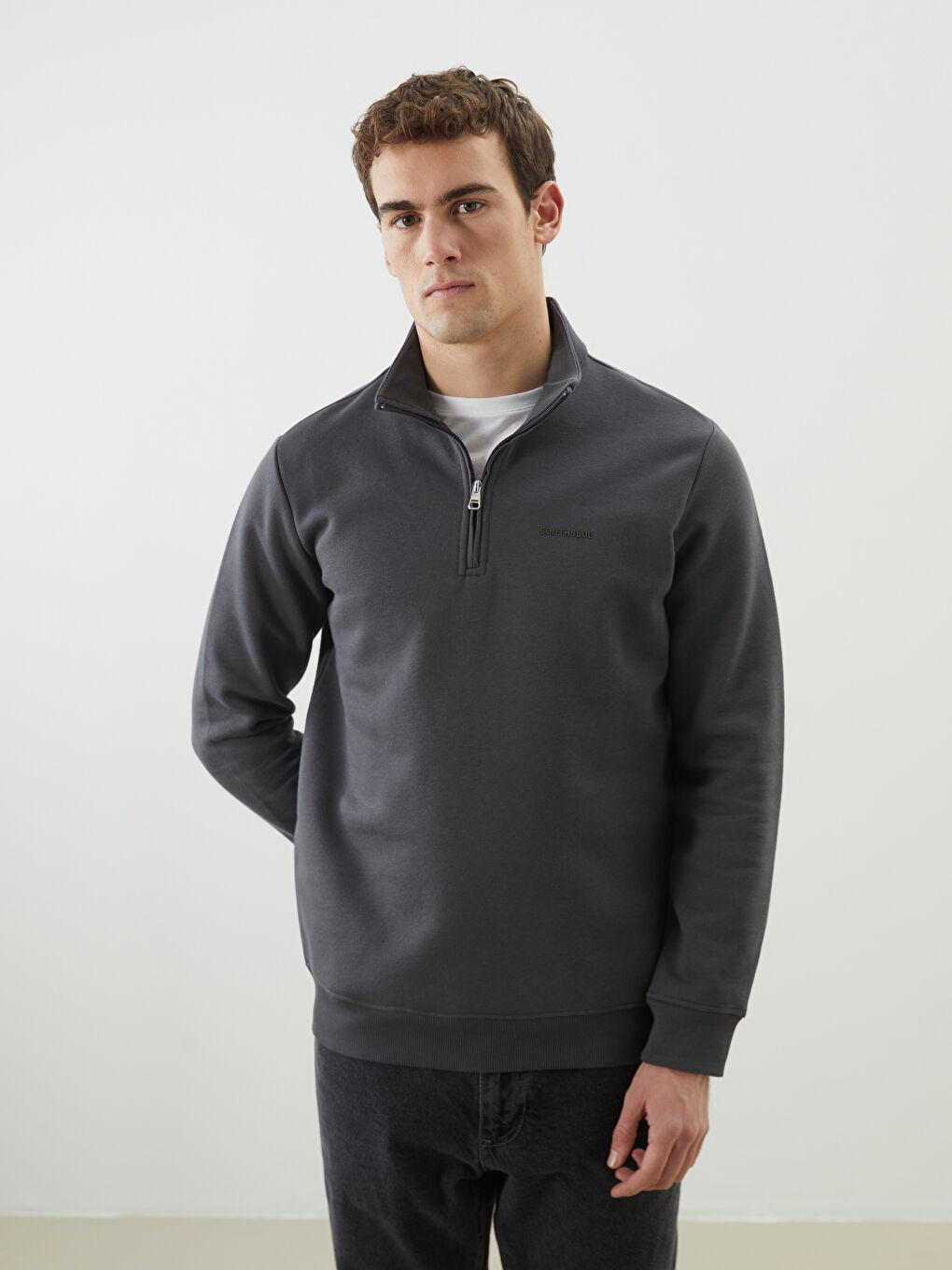 Antrasit Dik Yaka Uzun Kollu Baskılı Erkek Sweatshirt