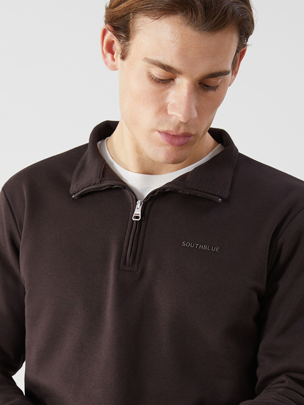 Kahverengi Dik Yaka Uzun Kollu Baskılı Erkek Sweatshirt-2