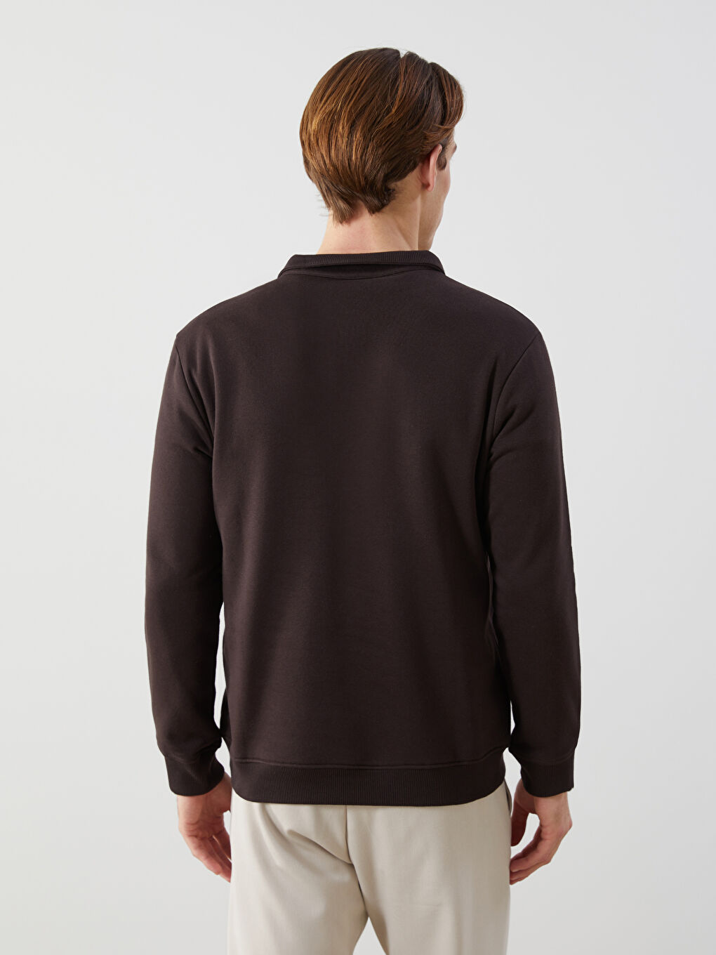 Kahverengi Dik Yaka Uzun Kollu Baskılı Erkek Sweatshirt-3