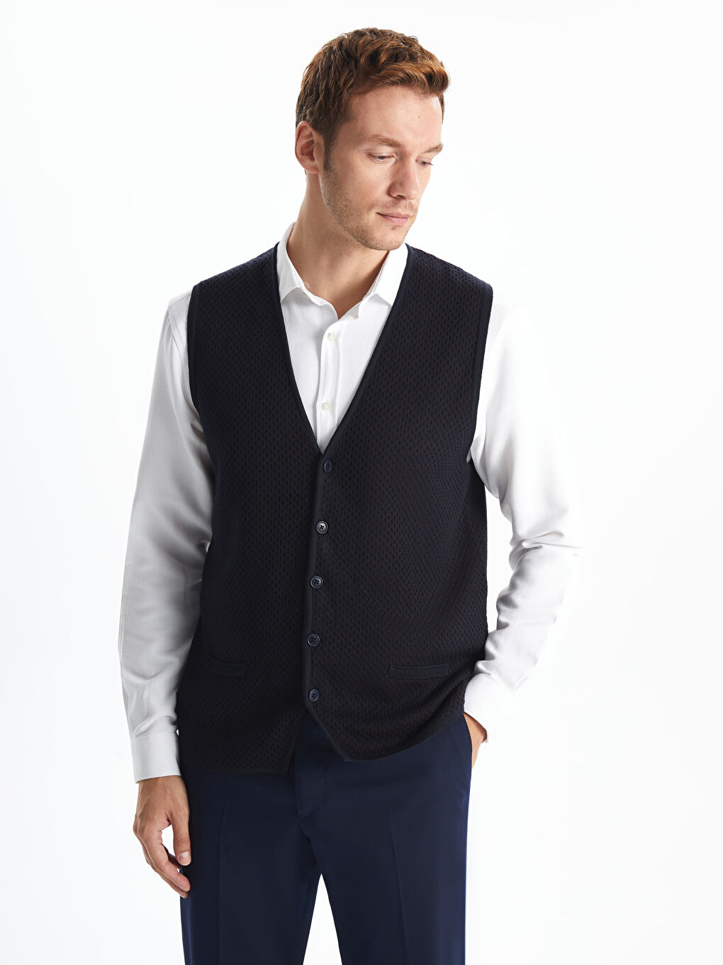 Lacivert Standart Kalıp V Yaka Erkek Triko Yelek