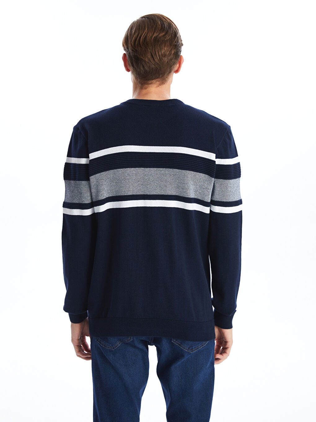 Crew Neck Long Sleeve Striped Men's Knitwear Sweater-3