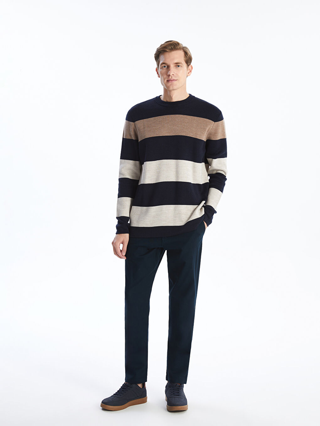 Crew Neck Long Sleeve Striped Men's Knitwear Sweater-1