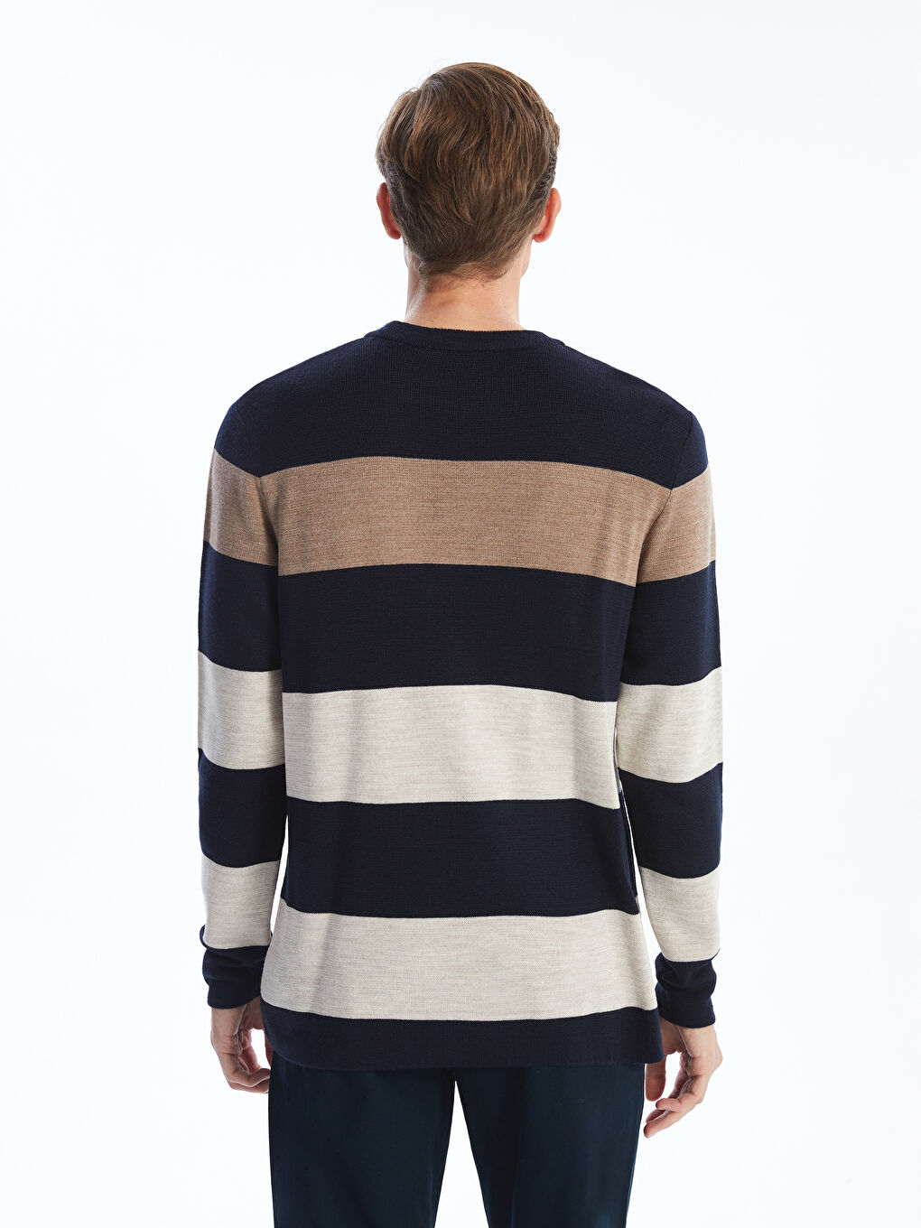 Crew Neck Long Sleeve Striped Men's Knitwear Sweater-3