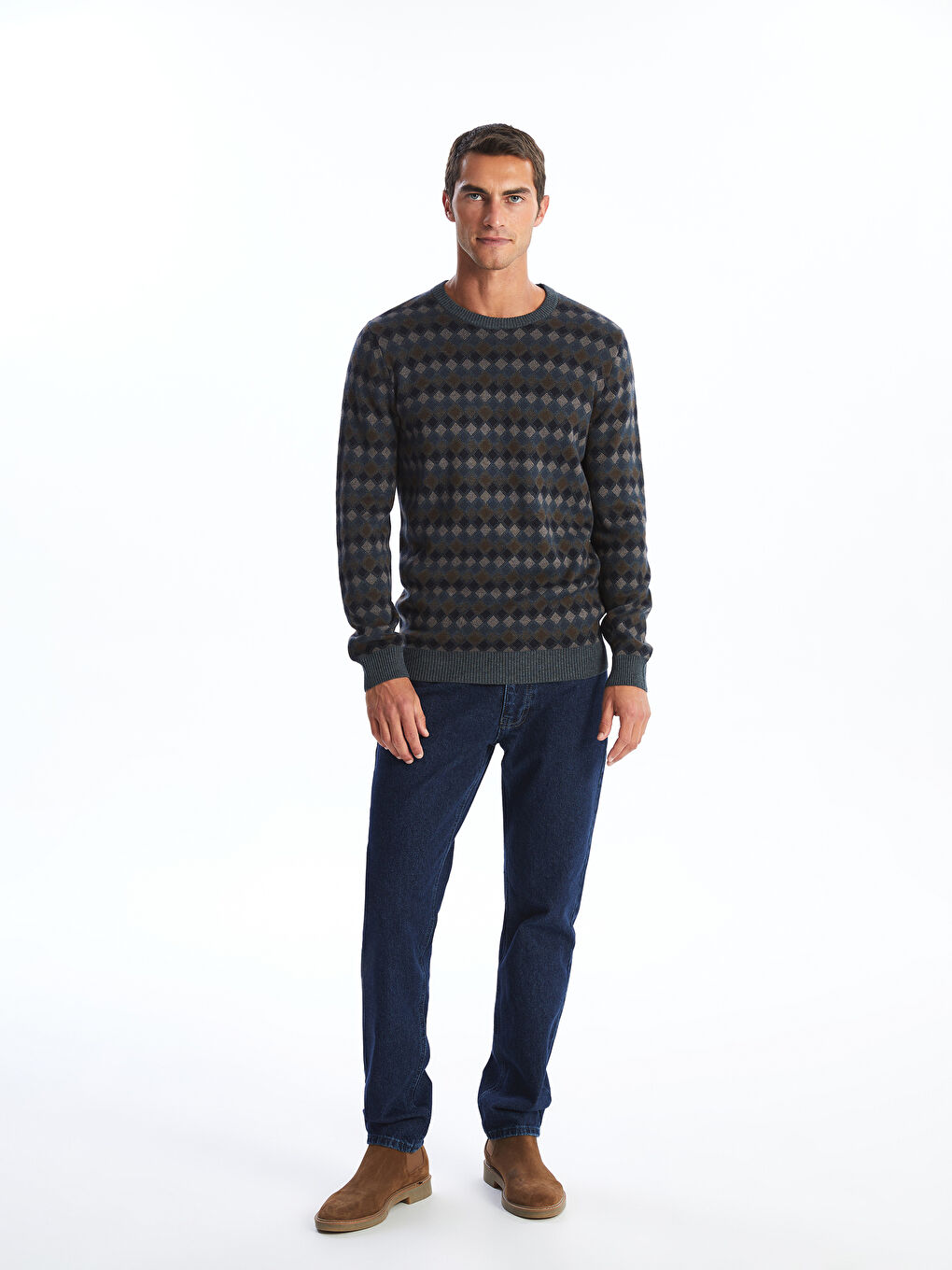 Crew Neck Long Sleeve Patterned Men's Knitwear Sweater -W52467Z8-D3A