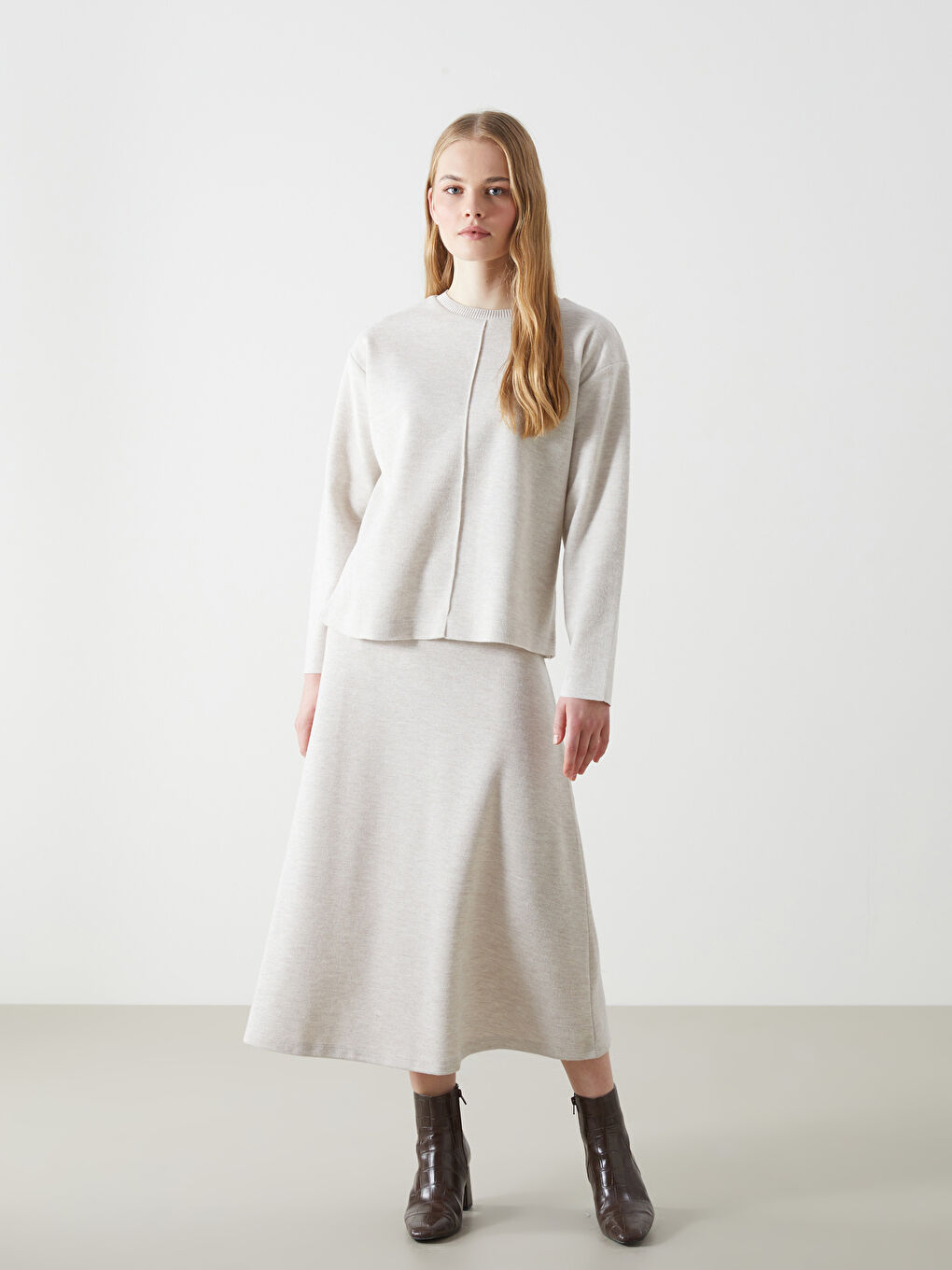 Bej Bisiklet Yaka Kadın Triko Kazak-1