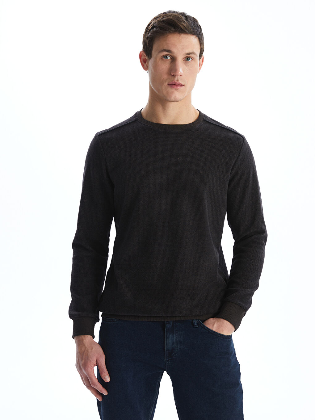 Kahverengi Bisiklet Yaka Uzun Kollu Erkek Sweatshirt