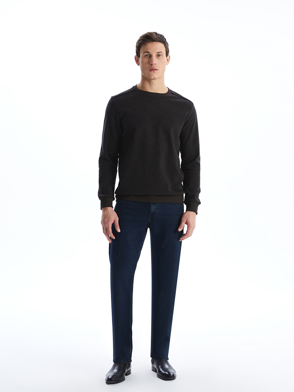 Kahverengi Bisiklet Yaka Uzun Kollu Erkek Sweatshirt-1