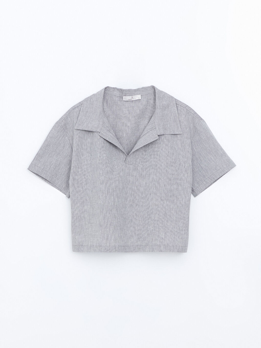 Gri Polo Yaka Keten Karışımlı Kadın Bluz