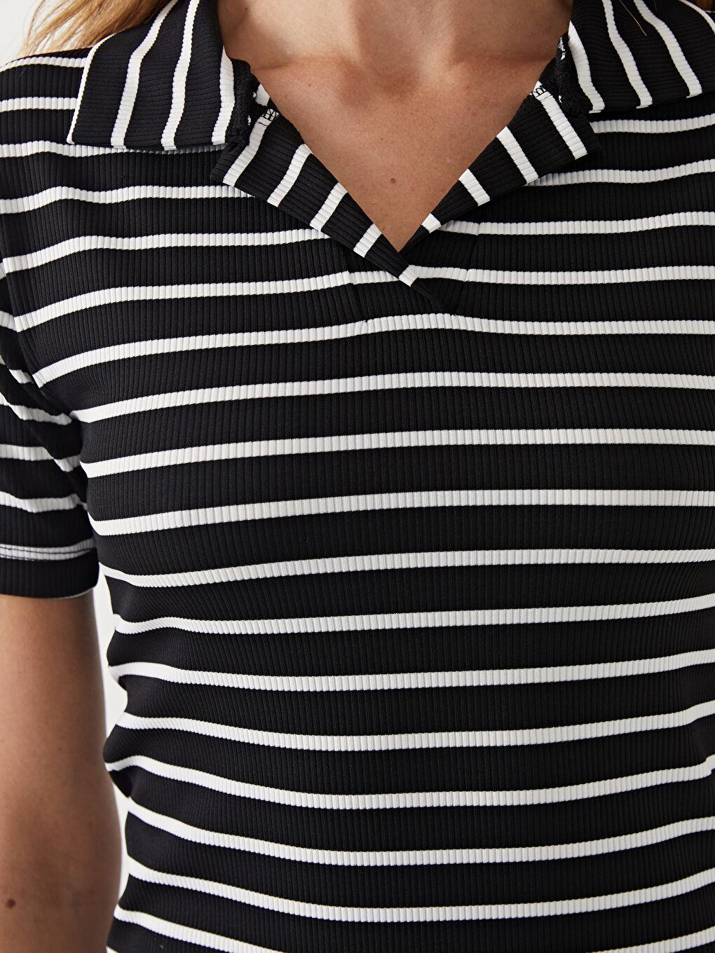 Siyah Petite Polo Yaka Çizgili Elbise-5