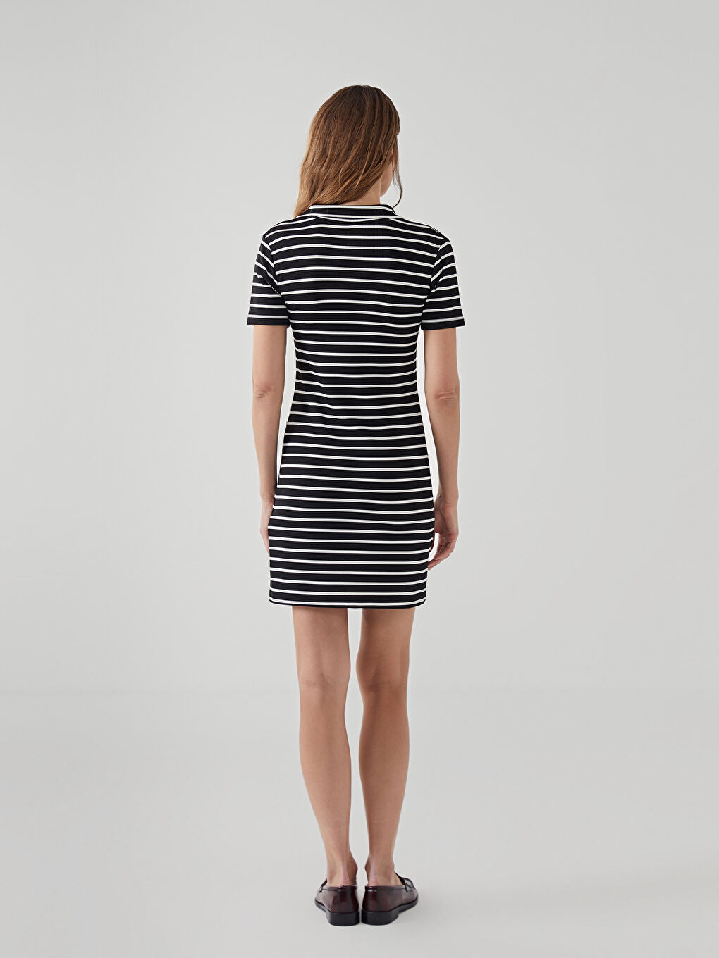 Siyah Petite Polo Yaka Çizgili Elbise-7