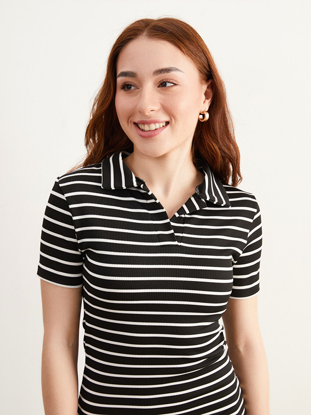 Siyah Petite Polo Yaka Çizgili Elbise-2