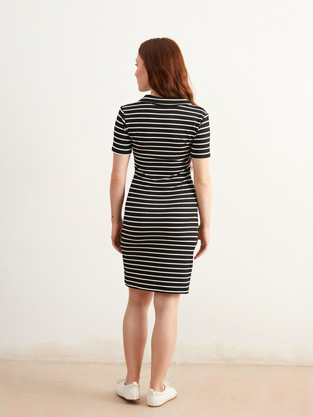 Siyah Petite Polo Yaka Çizgili Elbise-6