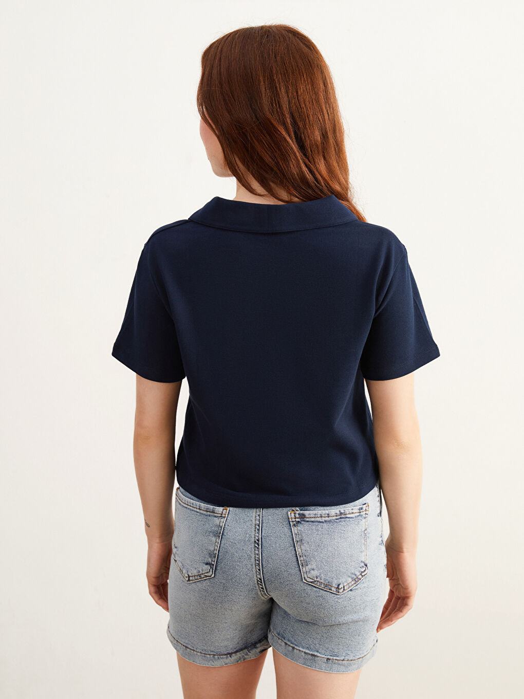 Lacivert Petite Polo Yaka Kadın Tişört-3