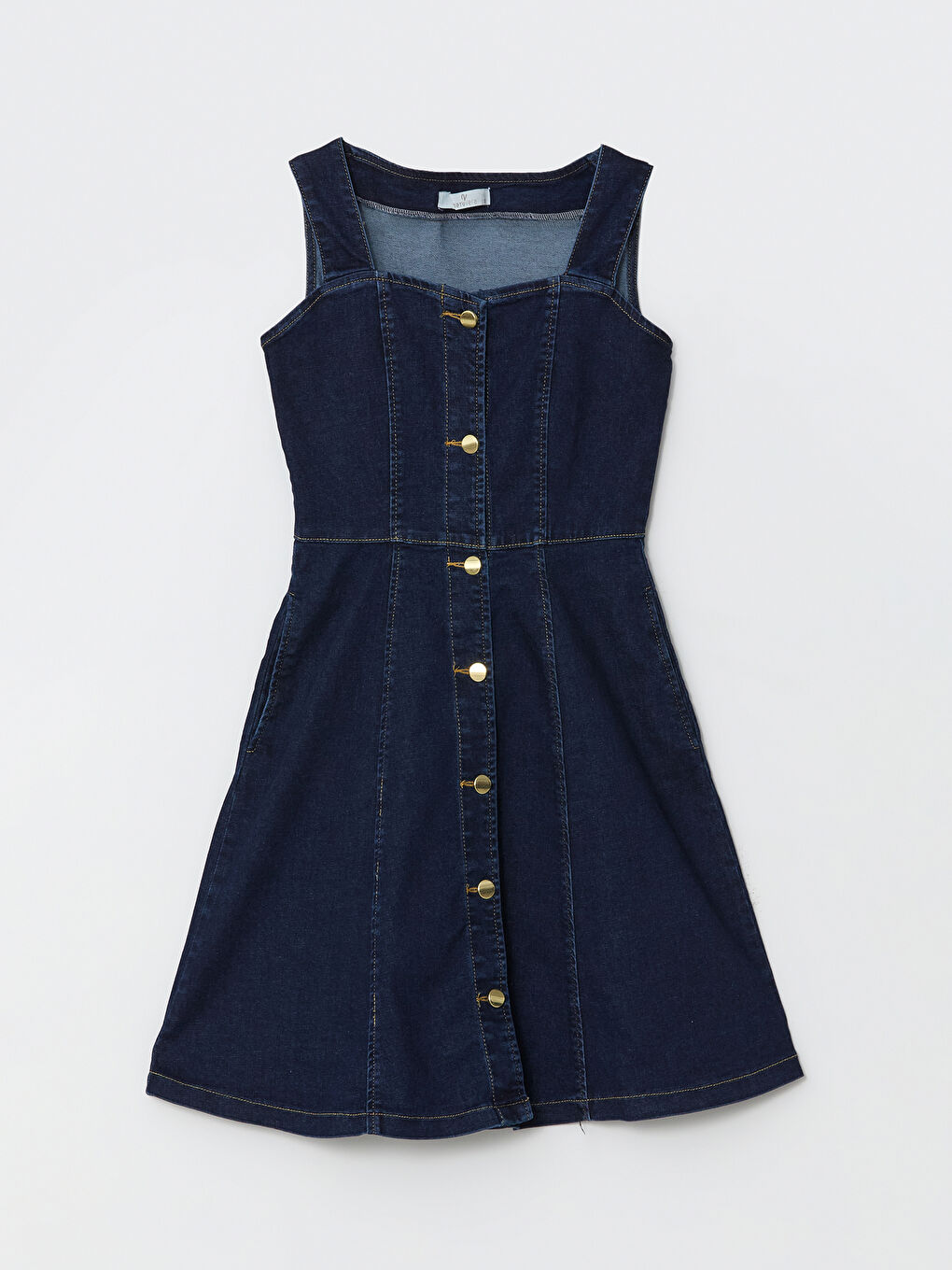 Lacivert Petite Kare Yaka Kadın Jean Elbise-4