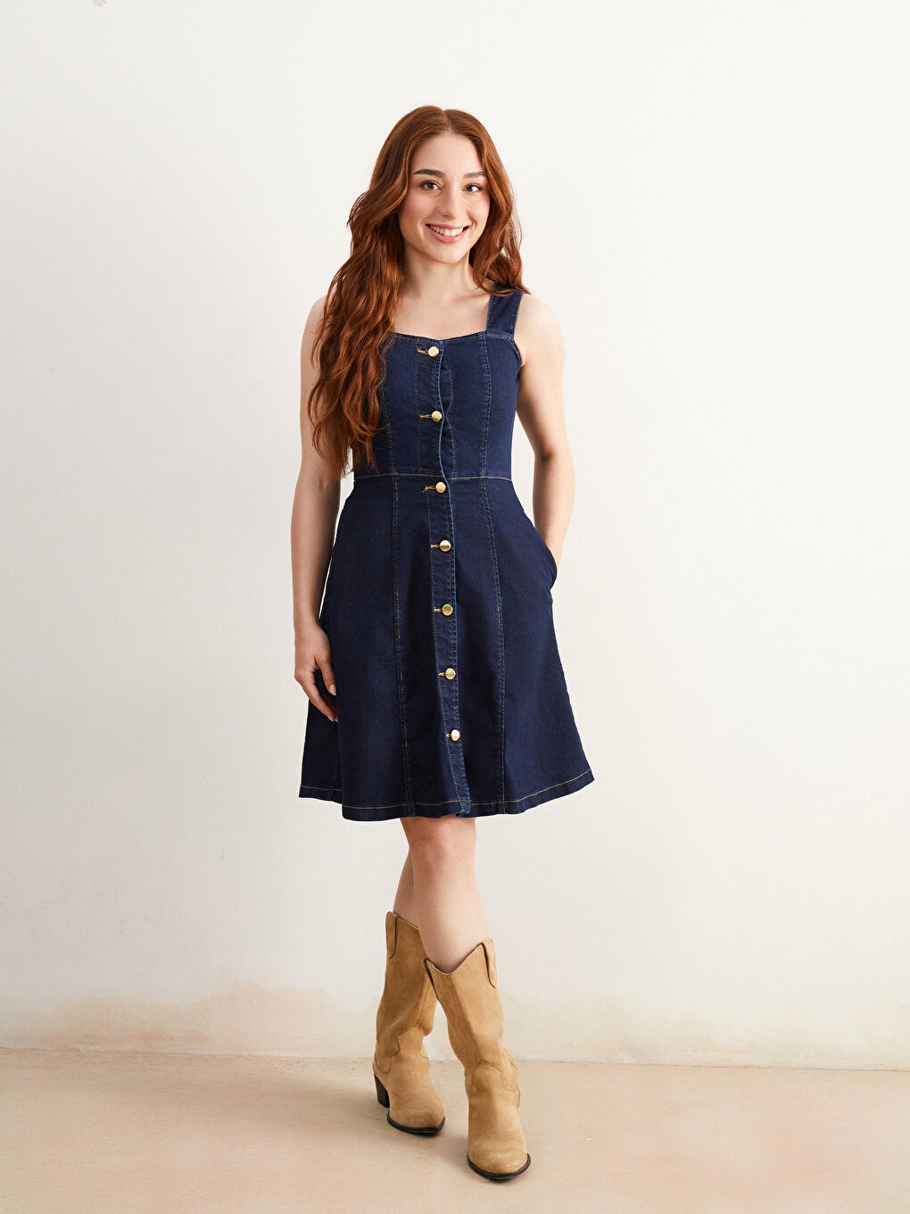 Lacivert Petite Kare Yaka Kadın Jean Elbise