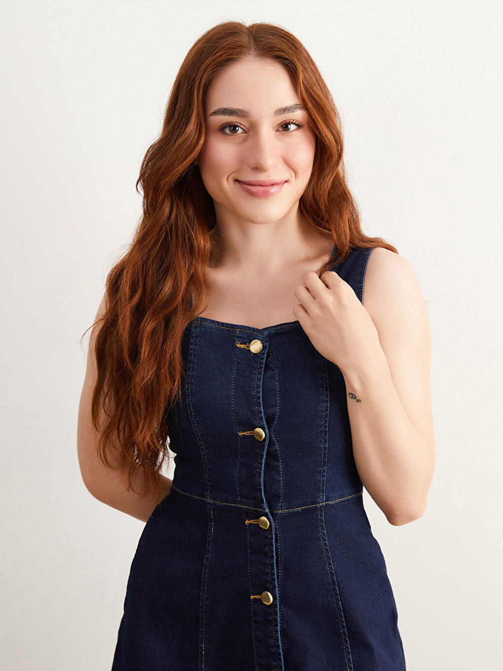 Lacivert Petite Kare Yaka Kadın Jean Elbise-1