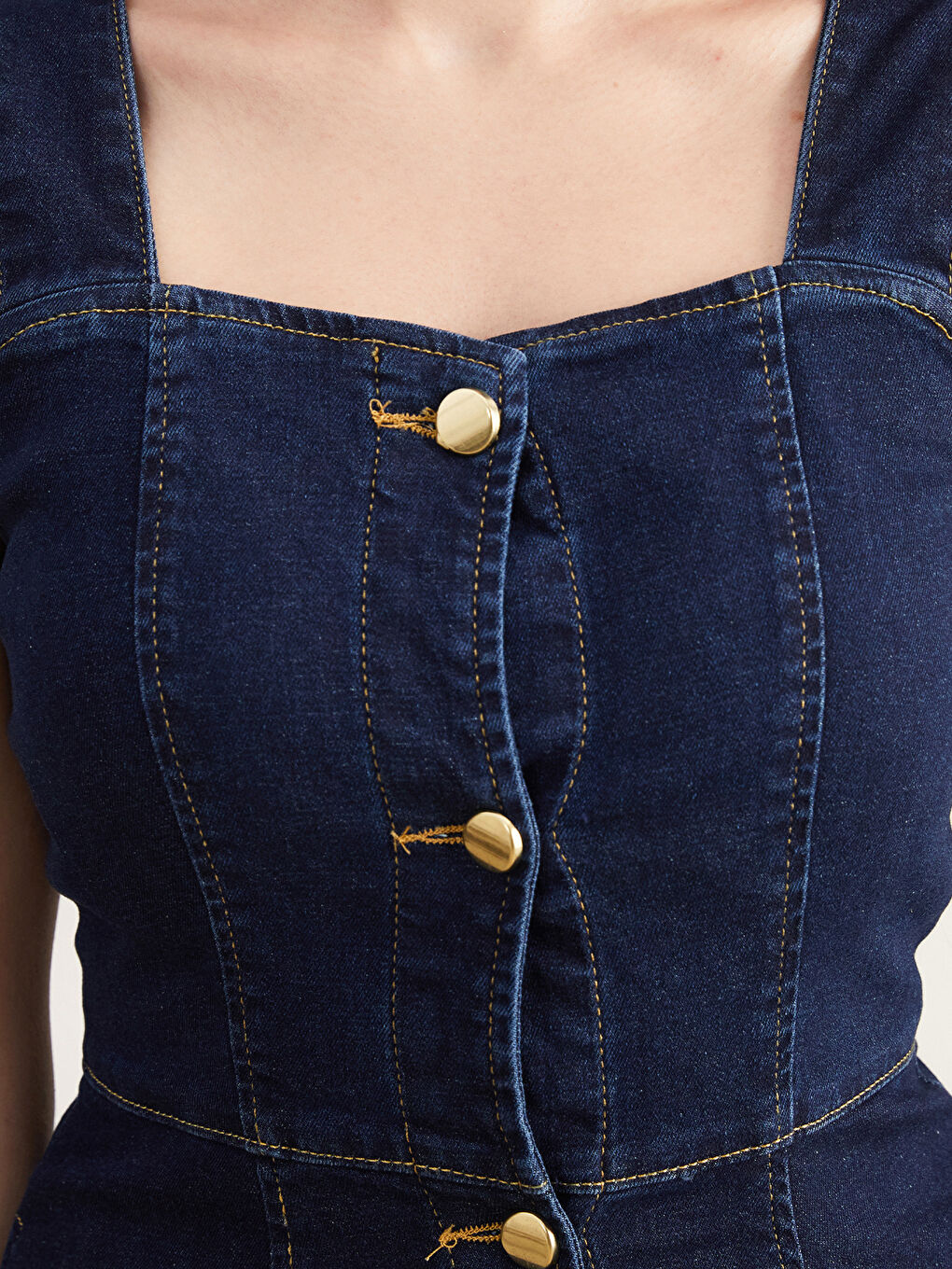 Lacivert Petite Kare Yaka Kadın Jean Elbise-2