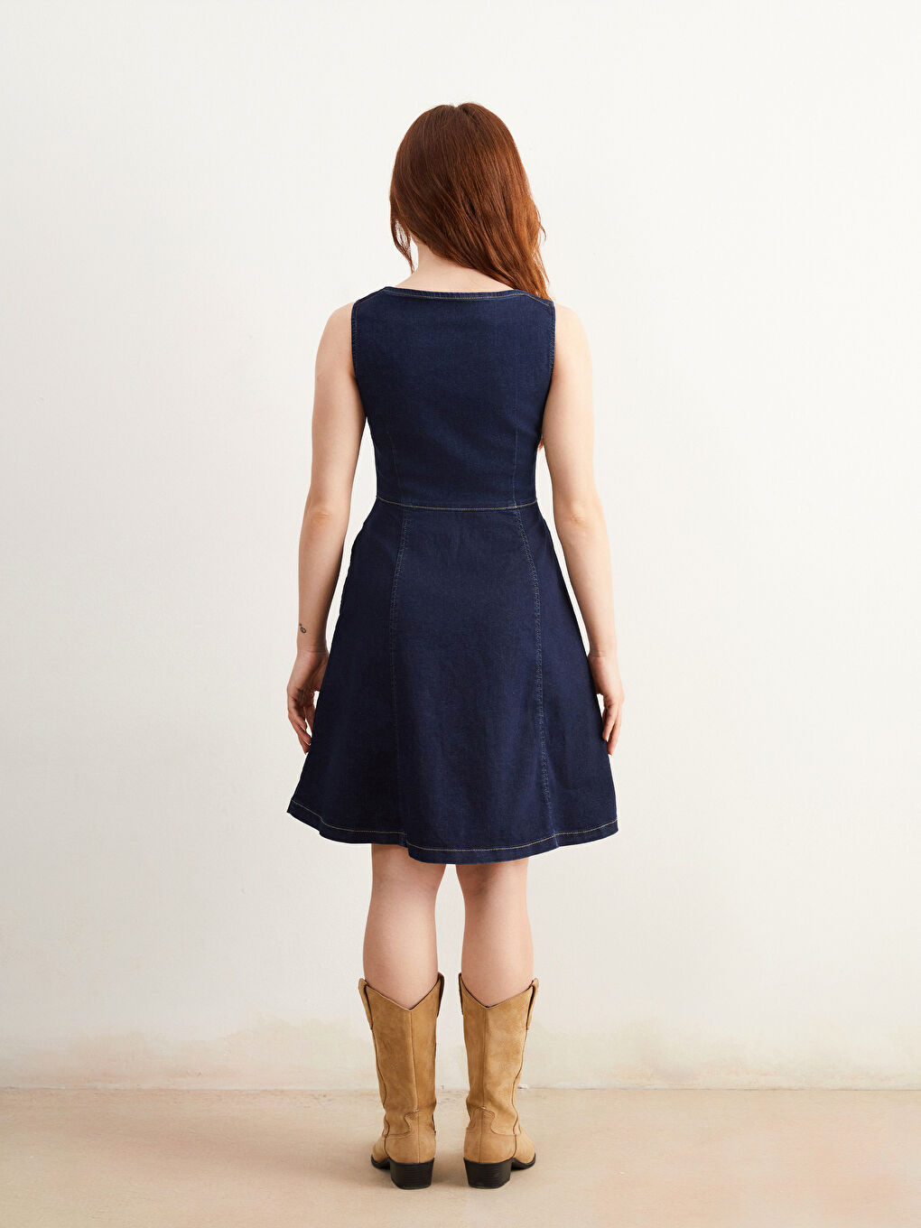 Lacivert Petite Kare Yaka Kadın Jean Elbise-3