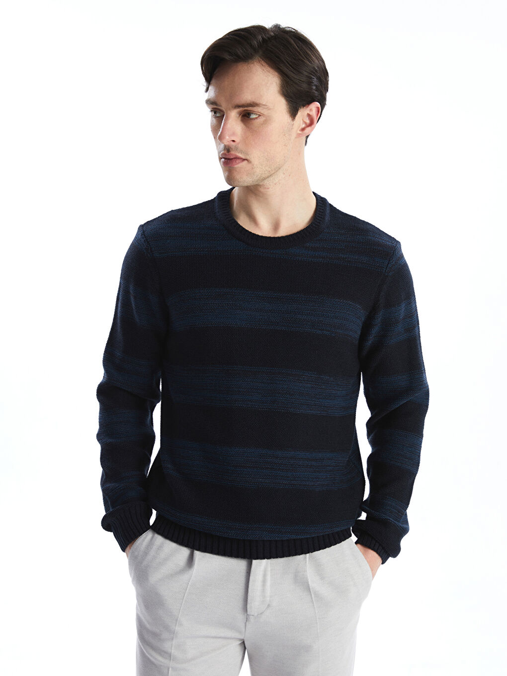 Crew Neck Long Sleeve Striped Men's Knitwear Sweater -W4LP52Z8-R4S