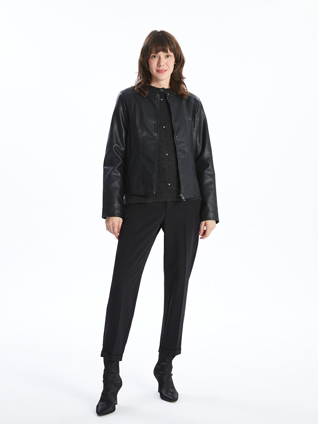 LCWAIKIKI Classic Crew Neck Women's Faux Leather Jacket -W52692Z8-CVL