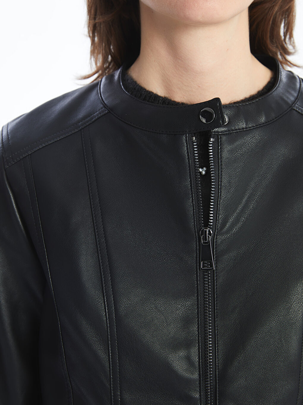 LCWAIKIKI Classic Crew Neck Women's Faux Leather Jacket -W52692Z8-CVL