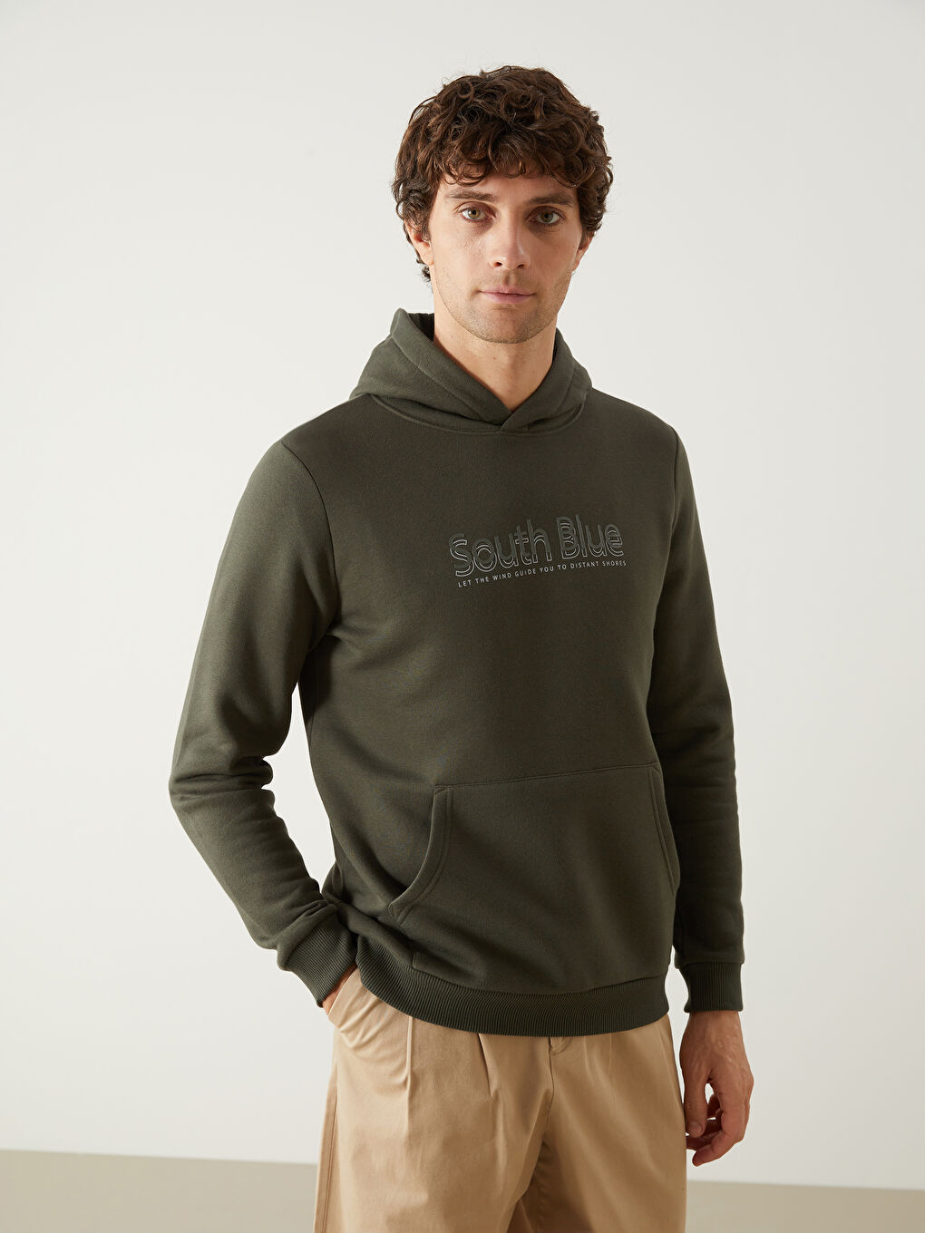 SOUTHBLUE Haki Uzun Kollu Baskılı Erkek Kalın Hoodie