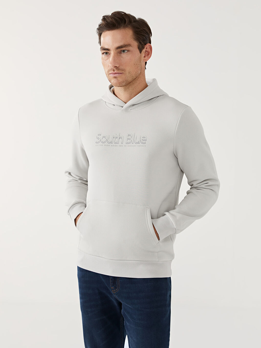 SOUTHBLUE Bej Uzun Kollu Baskılı Erkek Kalın Hoodie