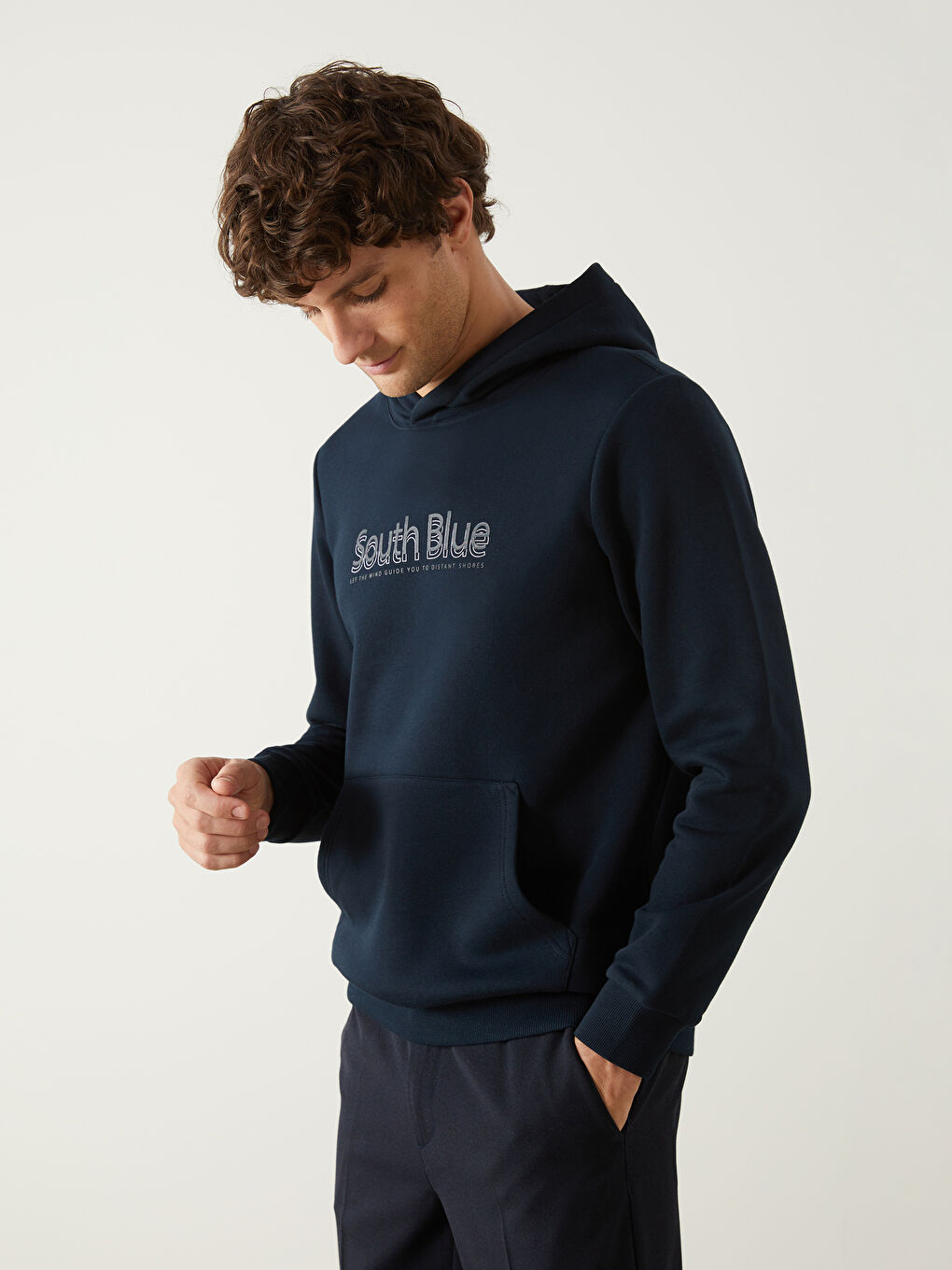 SOUTHBLUE Lacivert Uzun Kollu Baskılı Erkek Kalın Hoodie