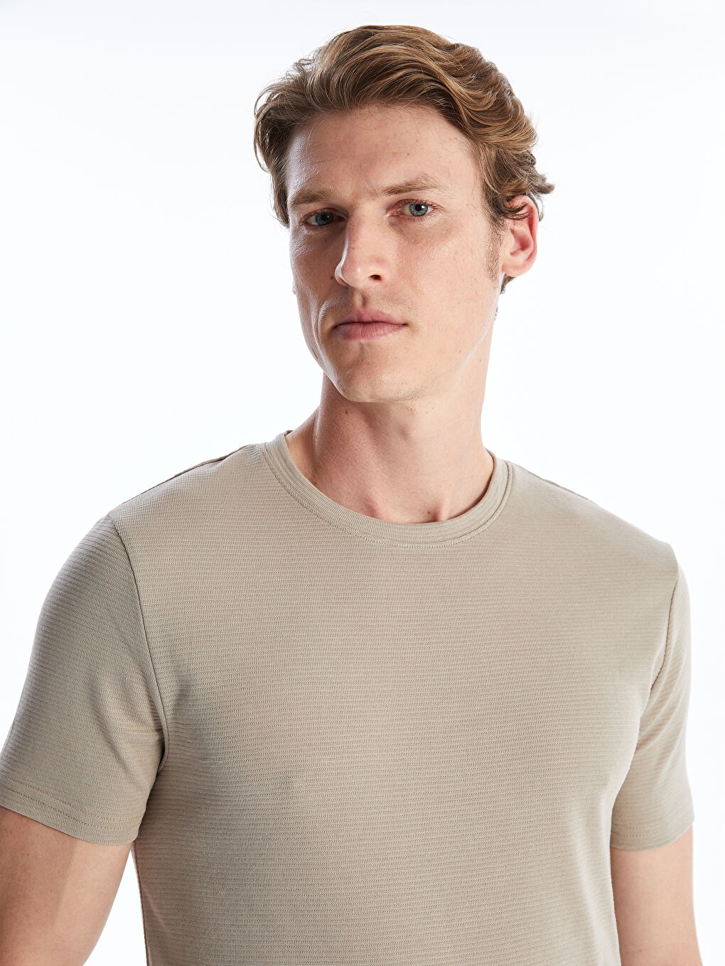 Bej Bisiklet Yaka Penye Erkek Tişört