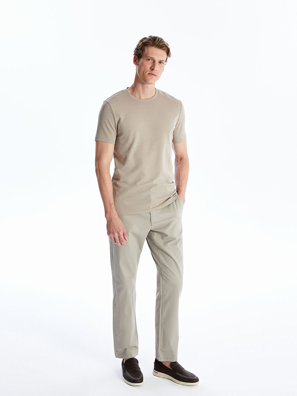 Bej Bisiklet Yaka Penye Erkek Tişört-4