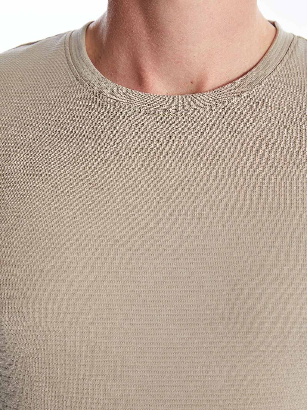 Bej Bisiklet Yaka Penye Erkek Tişört-8