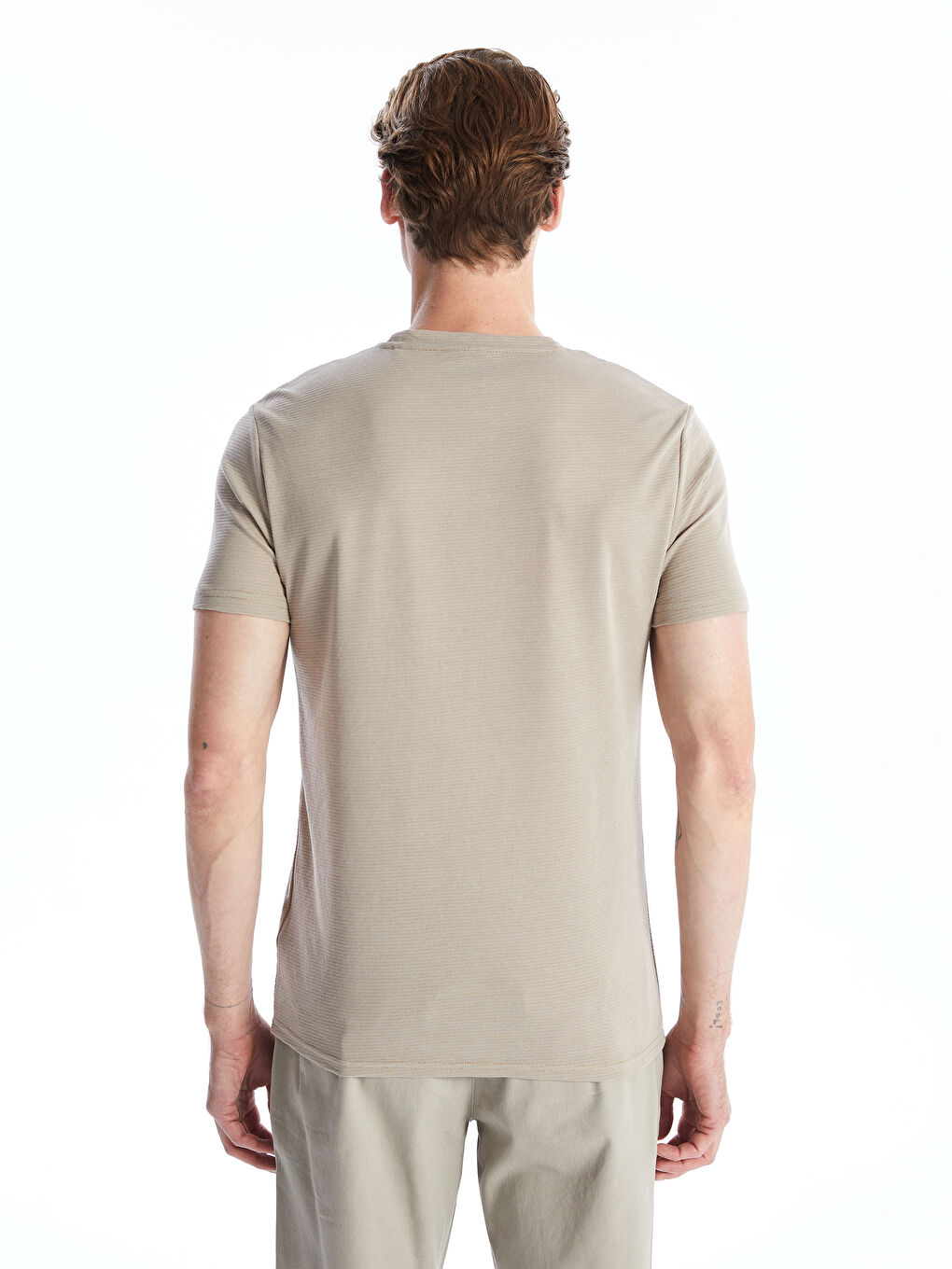 Bej Bisiklet Yaka Penye Erkek Tişört-9