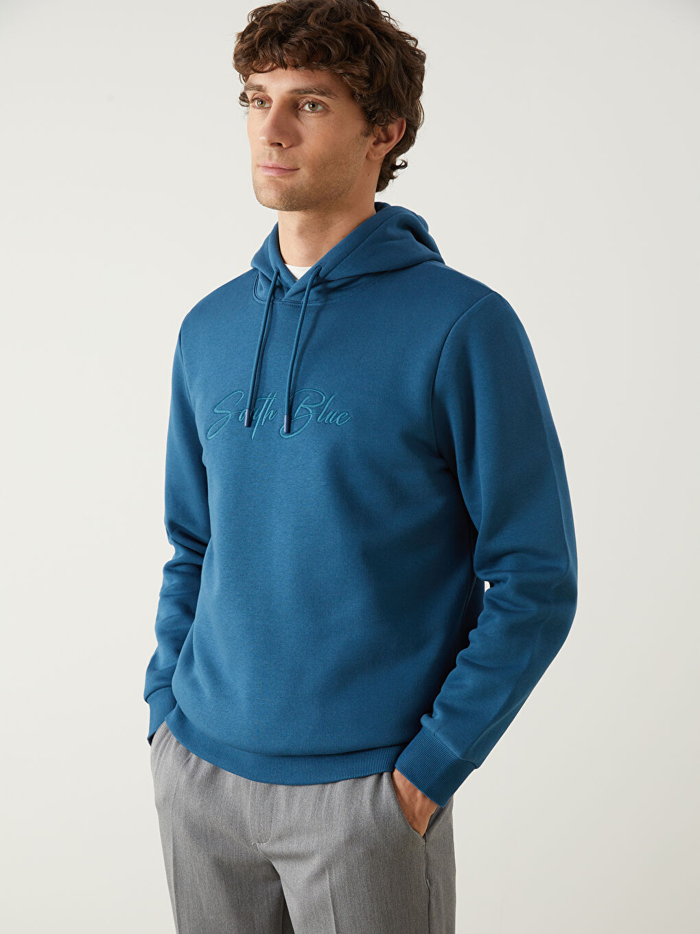 Petrol Uzun Kollu Baskılı Erkek Hoodie