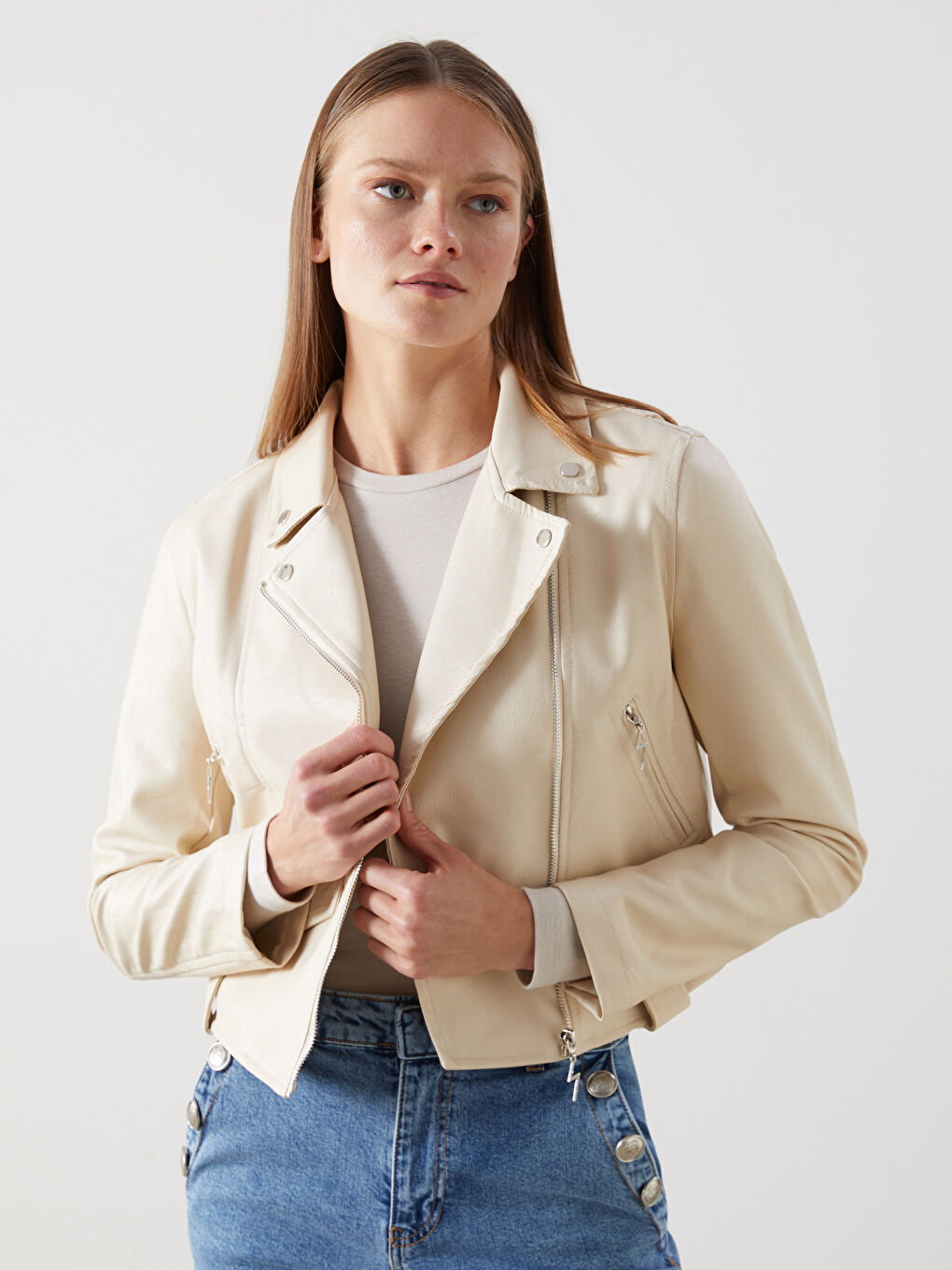 Biker Neck Women's Faux Leather Jacket -W4LP83Z8-FEW