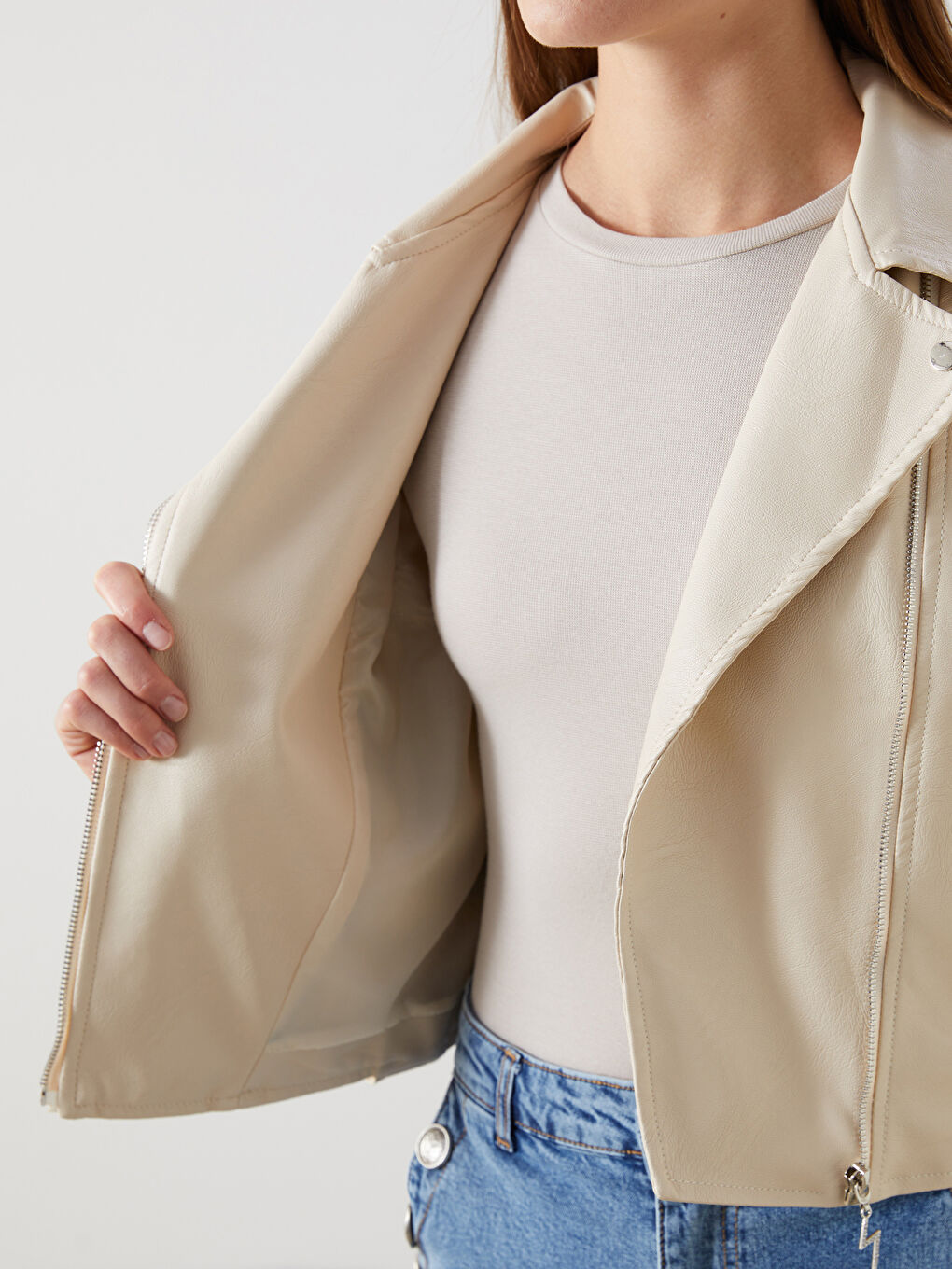 Biker Neck Women's Faux Leather Jacket -W4LP83Z8-FEW