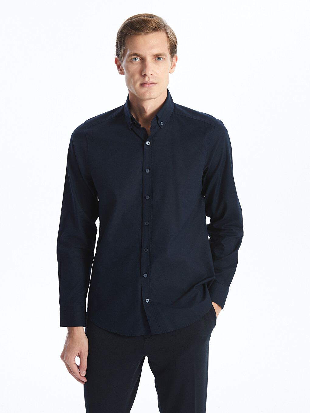 Машка Оксфорд Кошула Со Долг Ракав, Слим Крој, За Мажи-2
